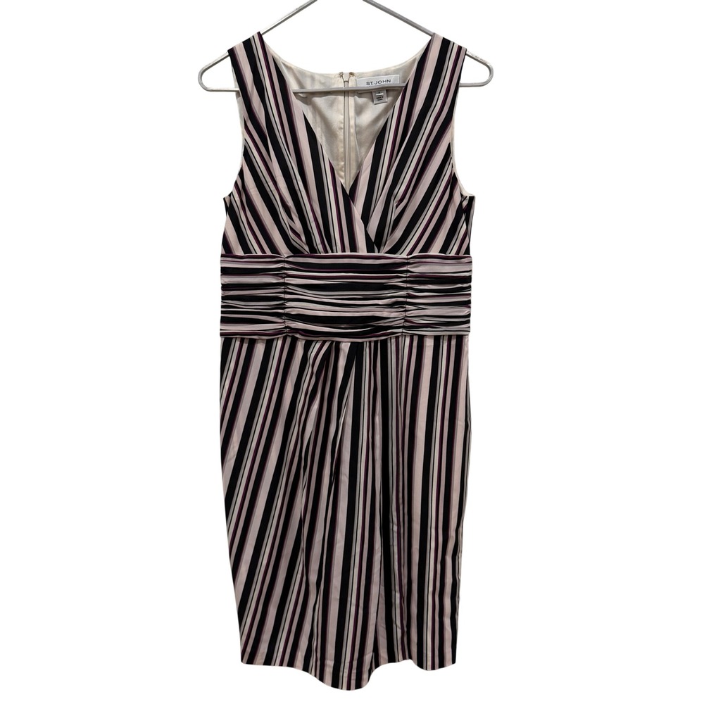 St John Collection Silk Striped V-Neck Ruched Sheath Dress Black Purple White 6